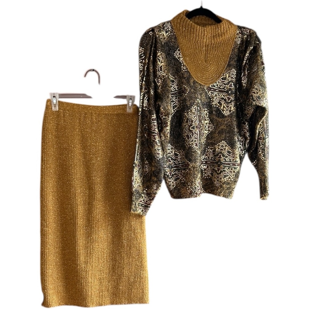 Farfalle vintage gold mohair lame abstract mock neck design skirt set Sz M (44)